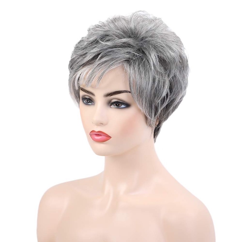 Salt and Pepper Synthetic Wigs for Women Pixie Cut Wig With Bang
