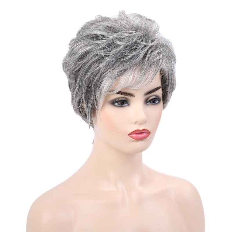 Salt and Pepper Synthetic Wigs for Women Pixie Cut Wig With Bang
