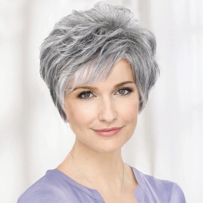 Salt and Pepper Synthetic Wigs for Women Pixie Cut Wig With Bang