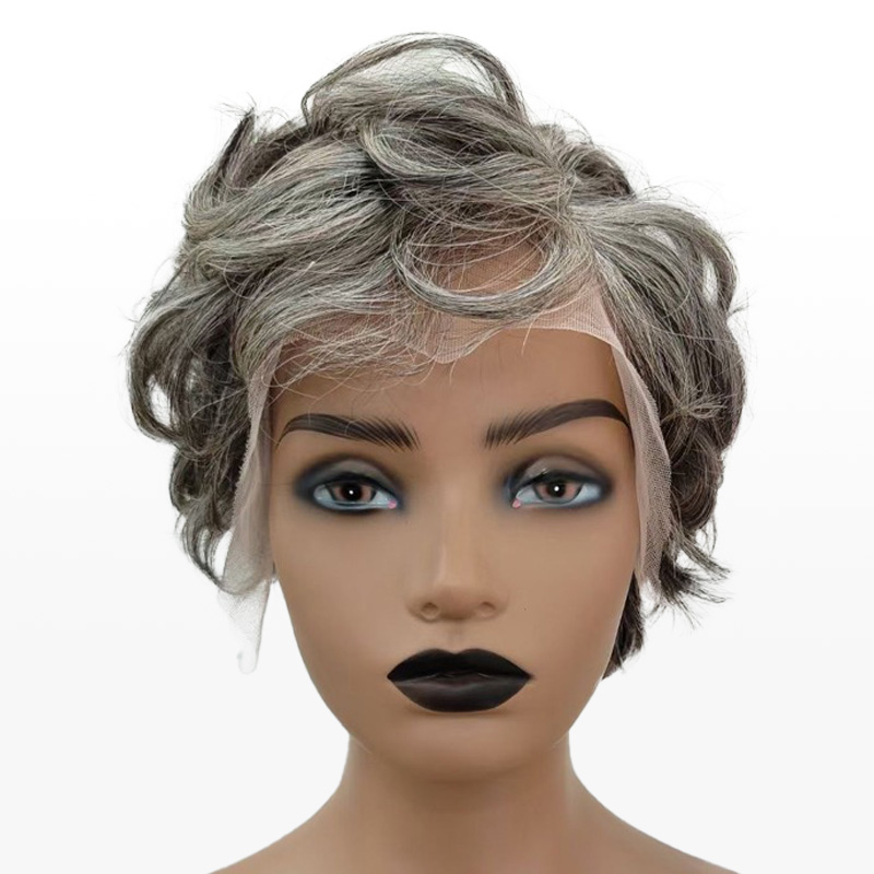 Salt & Pepper Custom Pixie Cuts Wig Natural Wave Bangs Wigs For Mom