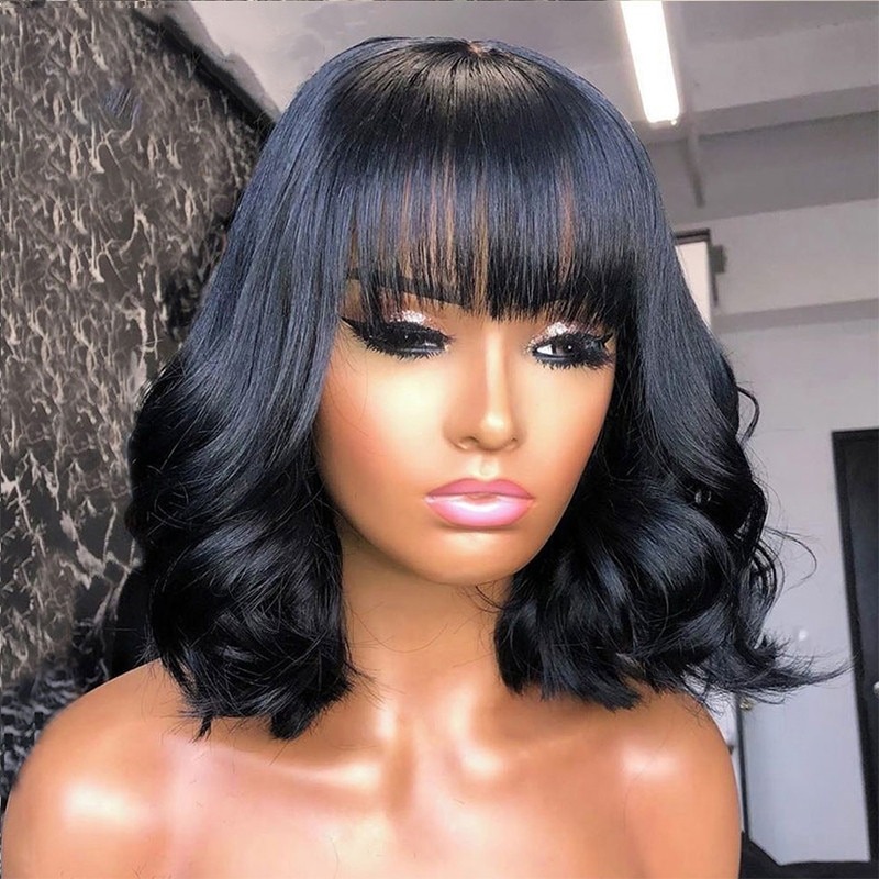 Short Bob Wig Soft Wavy Curls Human Hair Wig With Bangs None Lace Wig
