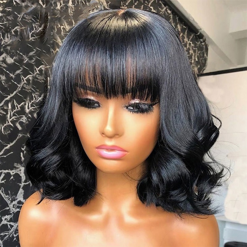 Short Bob Wig Soft Wavy Curls Human Hair Wig With Bangs None Lace Wig