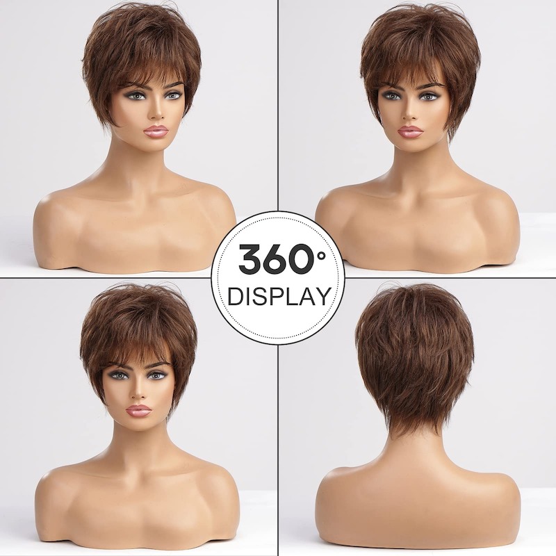 Short Brown Wigs for Women Blend with Fiber Pixie Curly Wig With Bang