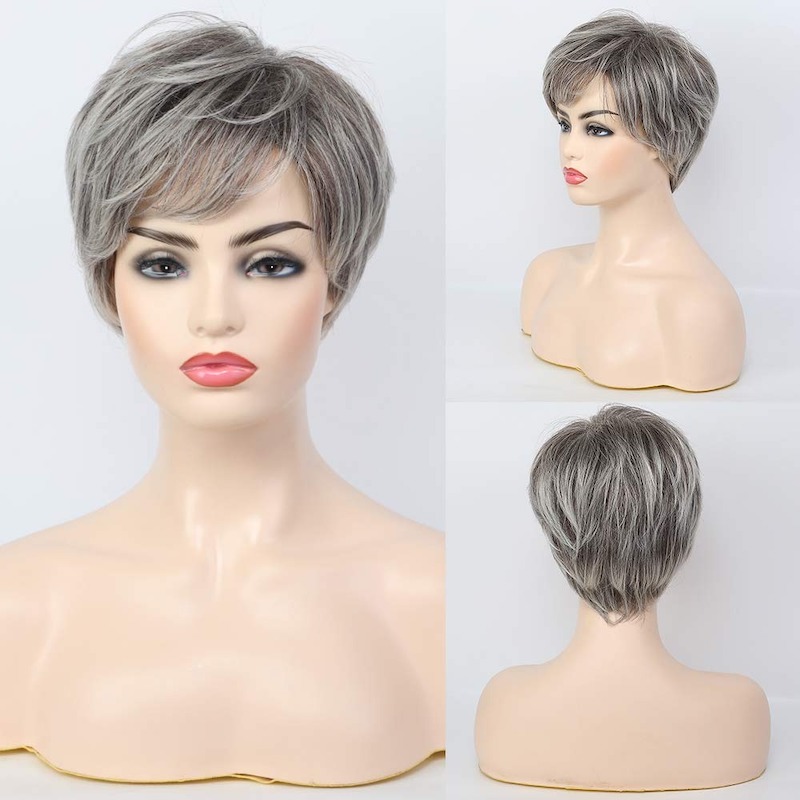 Short Grey Synthetic Wigs for Women Natural Hair Daily Pixie Cut Wig