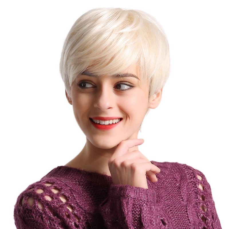 Short Platinum Blonde Synthetic Wigs Pixie Cut Wig With Bang