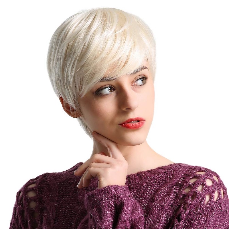 Short Platinum Blonde Synthetic Wigs Pixie Cut Wig With Bang