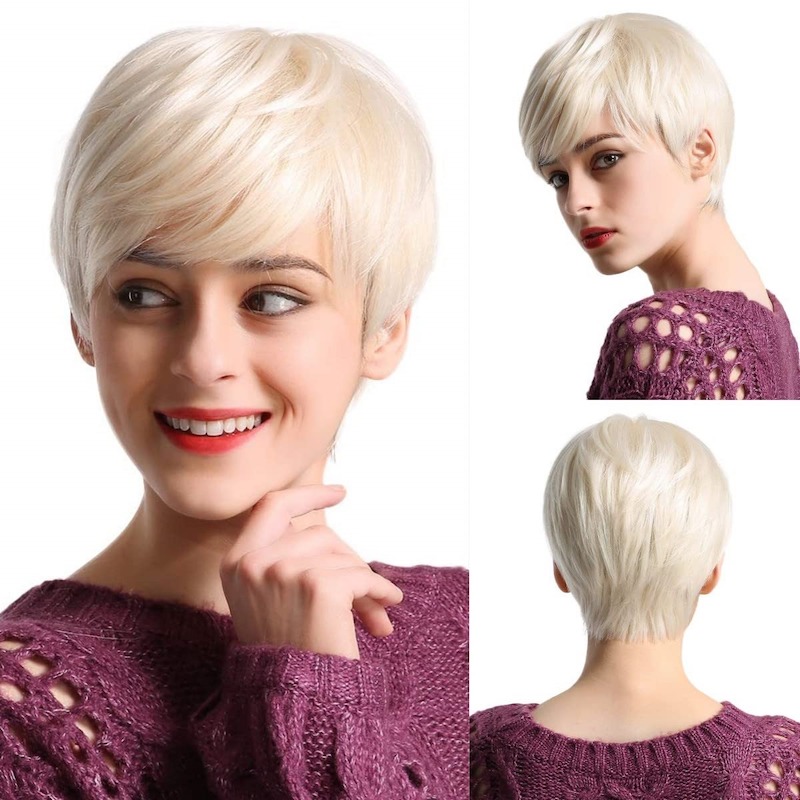Short Platinum Blonde Synthetic Wigs Pixie Cut Wig With Bang