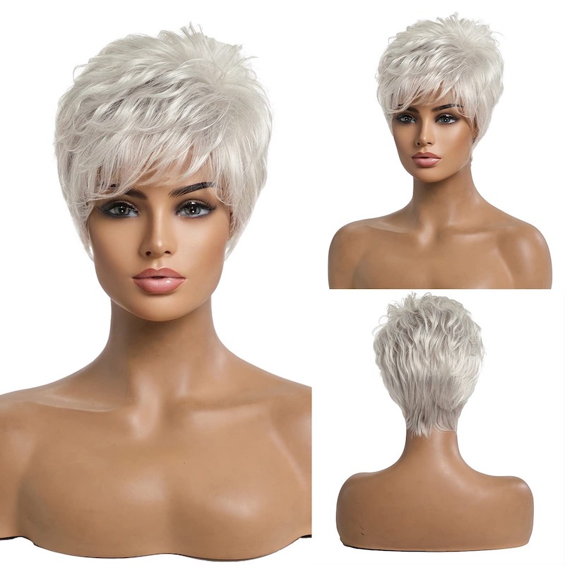 Short Silver Grey Hair Wigs for Women Blend Pixie Cut Wig With Bang