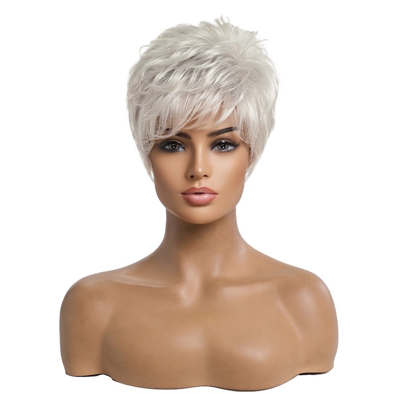 Short Silver Grey Hair Wigs for Women Blend Pixie Cut Wig With Bang