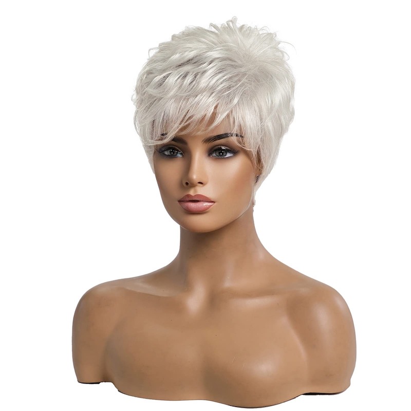 Short Silver Grey Hair Wigs for Women Blend Pixie Cut Wig With Bang