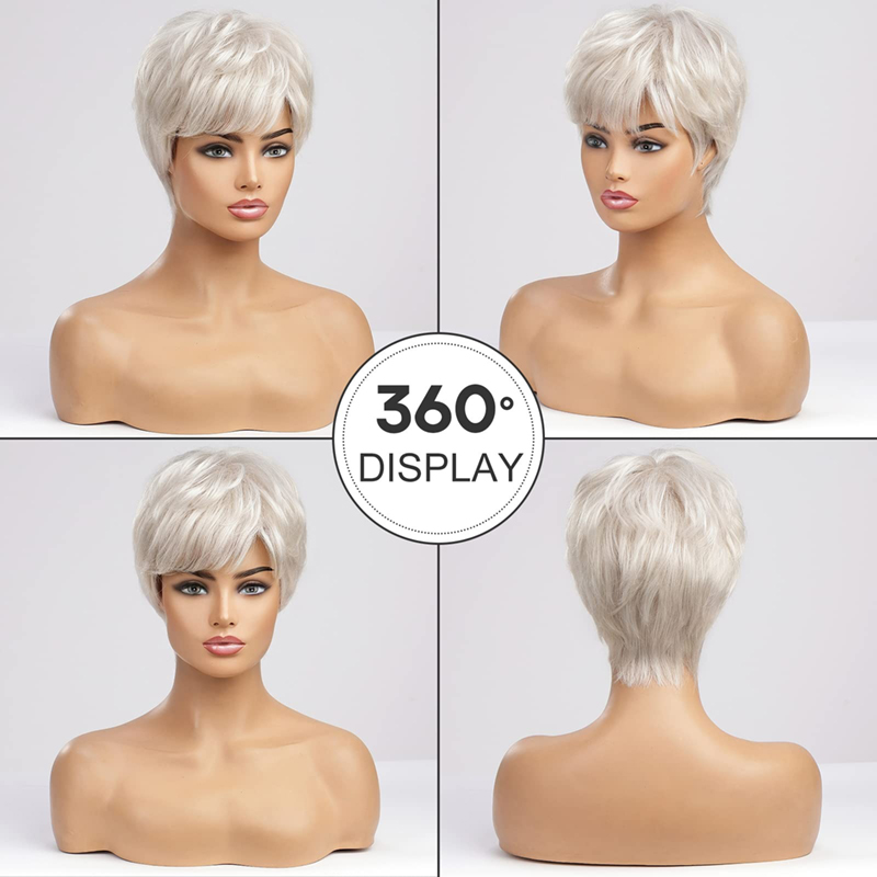 Short Silvery White Synthetic Wigs for Women Pixie Curly Wig With Bang
