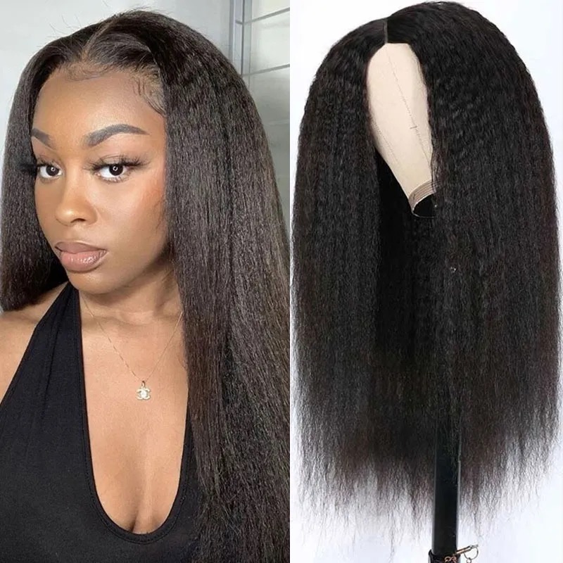V Part Wig Kinky Straight Human Hair Protective Style None Lace Wig