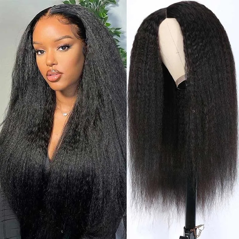 V Part Wig Kinky Straight Human Hair Protective Style None Lace Wig